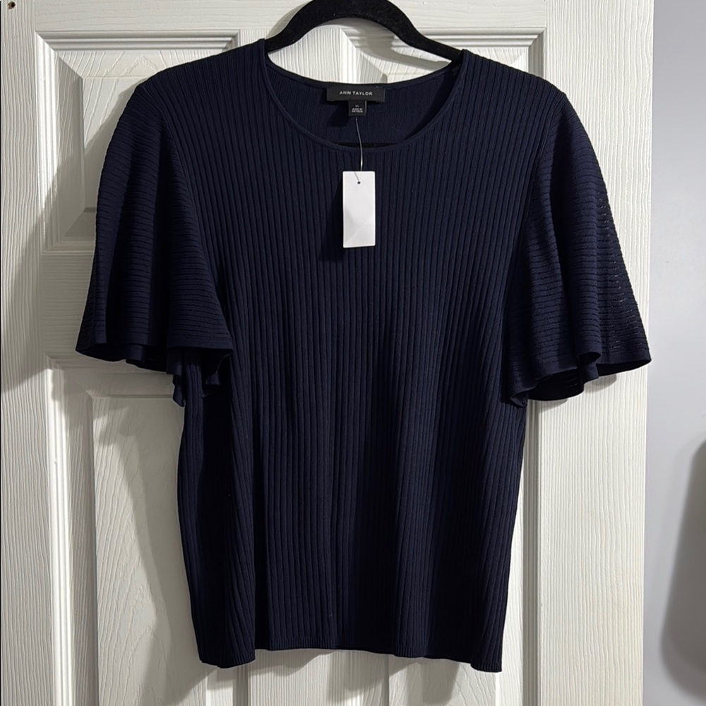 Ann Taylor Dark Blue Ribbed Flutter Sleeve Top